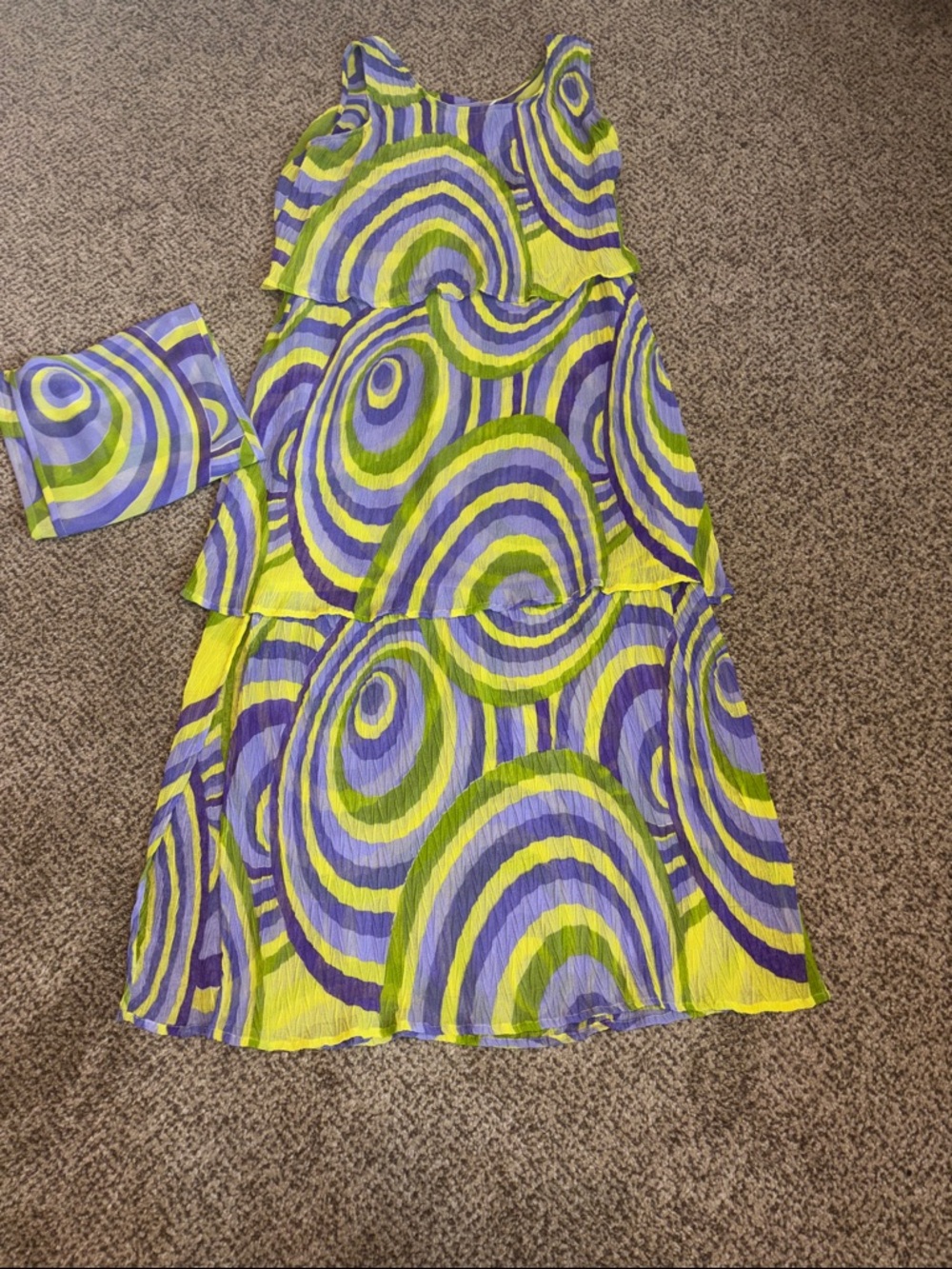 Sacred Threads Purple and Yellow Striped Tiered Dress w/Scarf S/M